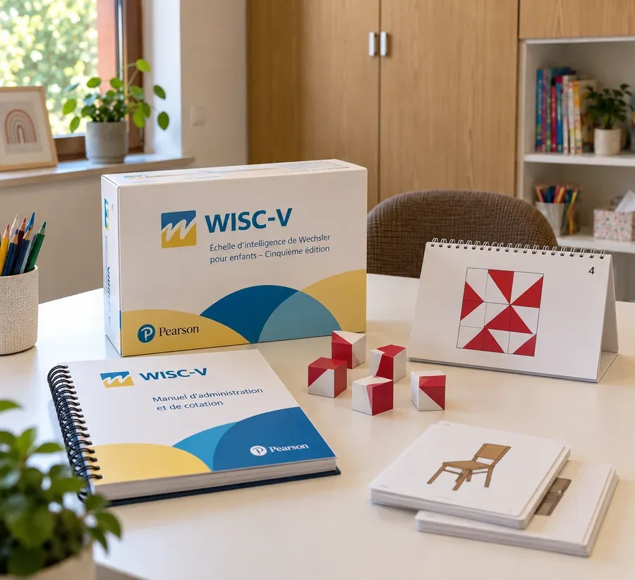 Matériel WISC disposé sur un bureau : coffret, manuels et cubes